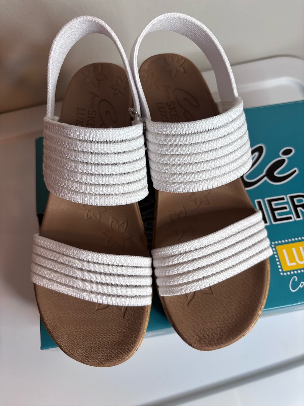 Skechers White Elastic Strap Cork Wedge Sandals Size 5.5 NWT - Picture 10 of 12